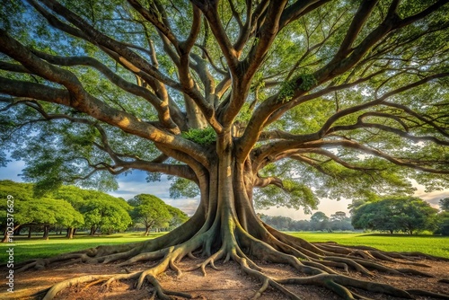 Centenarian tree with large trunk and exposed roots above the ground