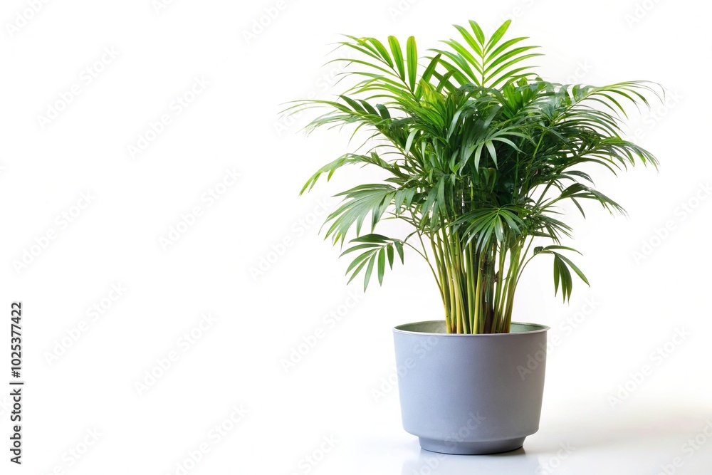 Chamaedorea elegans in pot isolated on white background, parlour palm in gray flowerpot, houseplant with green leaves Chamaedorea elegans in pot isolated on white background, parlour palm in gray flowerpot, houseplant with green leaves