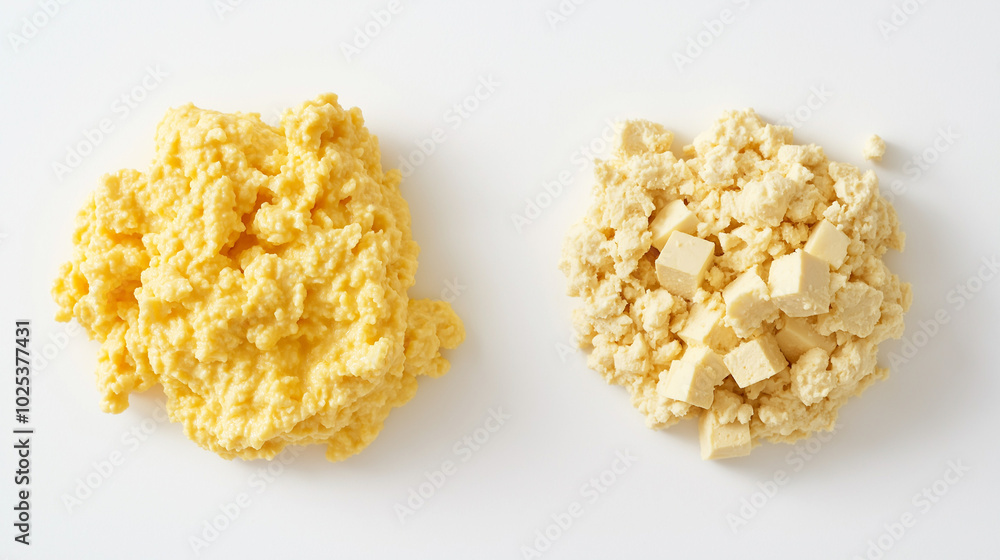 egg or tofu scramble: a close-up, top-down view of scrambled eggs and tofu scramble, placed side by side with a small gap on a white background egg or tofu scramble: a close-up, top-down view of scrambled eggs and tofu scramble, placed side by side with a small gap on a white background