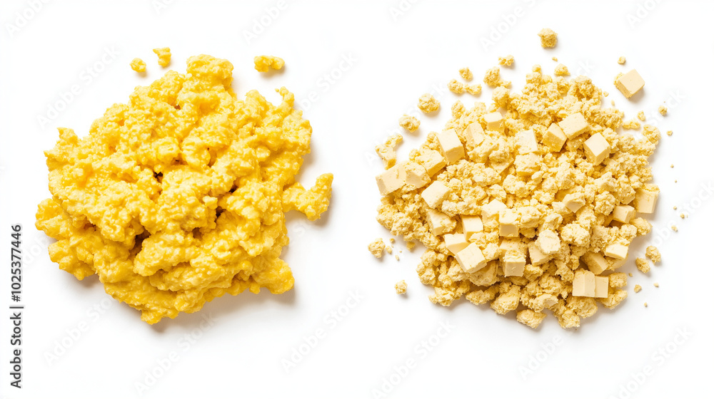 egg or tofu scramble: a close-up, top-down view of scrambled eggs and tofu scramble, placed side by side with a small gap on a white background egg or tofu scramble: a close-up, top-down view of scrambled eggs and tofu scramble, placed side by side with a small gap on a white background