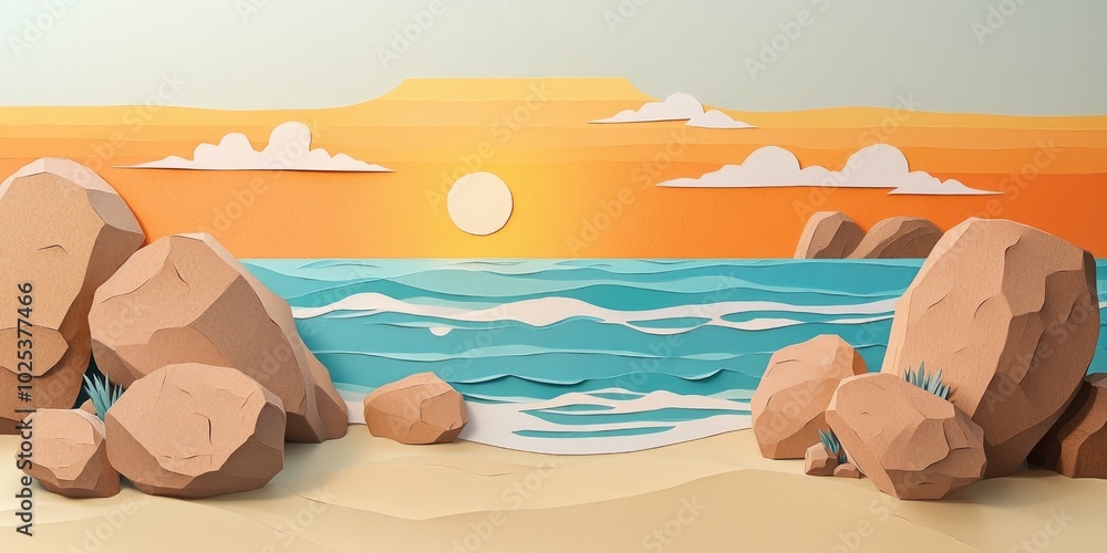 Scenic sandy coastline of the Atlantic Ocean featuring large brown stones during sunset, Sandy coastline with large stones at sunset Scenic sandy coastline of the Atlantic Ocean featuring large brown stones during sunset, Sandy coastline with large stones at sunset