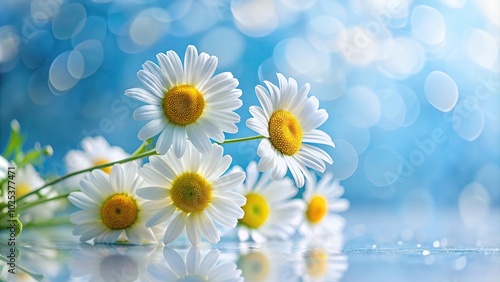 Chamomile flower and white daisies on a blue background