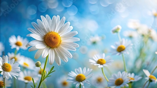 chamomile flower background with white daisies on a blue background photo