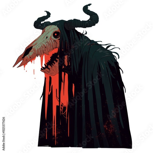 A grotesque creature with a skull-like head, horns, and a dark cloak, exuding a sinister vibe.