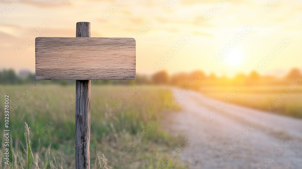 wooden signpost stands in serene landscape at sunset, surrounded by tall grass and winding dirt road. warm glow of sun creates peaceful atmosphere, inviting reflection. wooden signpost stands in serene landscape at sunset, surrounded by tall grass and winding dirt road. warm glow of sun creates peaceful atmosphere, inviting reflection.