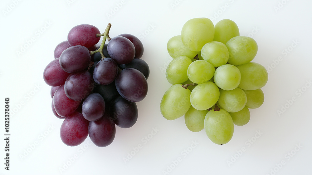 green grapes or red grapes: a close-up, top-down view of green grapes and red grapes, placed side by side with a small gap on a white background green grapes or red grapes: a close-up, top-down view of green grapes and red grapes, placed side by side with a small gap on a white background