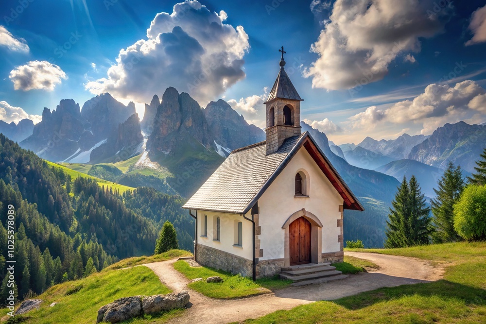 Chapel surrounded by mountains in the Italian Dolomites Chapel surrounded by mountains in the Italian Dolomites
