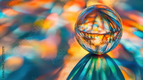 A glass sphere reflecting a colorful, abstract image.