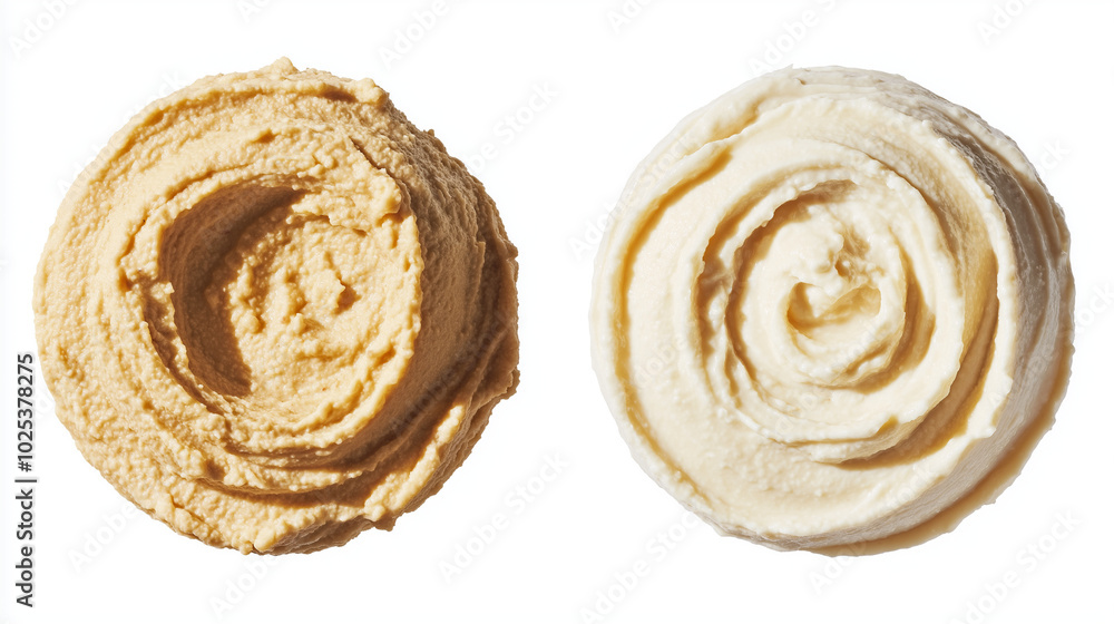 hummus or tahini: a close-up, top-down view of hummus and tahini in rounded puddle shapes, placed side by side with a small gap on a white background hummus or tahini: a close-up, top-down view of hummus and tahini in rounded puddle shapes, placed side by side with a small gap on a white background