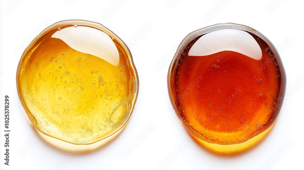 honey or maple syrup: a close-up, top-down view of honey and maple syrup in rounded puddle shapes, placed side by side with a small gap on a white background honey or maple syrup: a close-up, top-down view of honey and maple syrup in rounded puddle shapes, placed side by side with a small gap on a white background