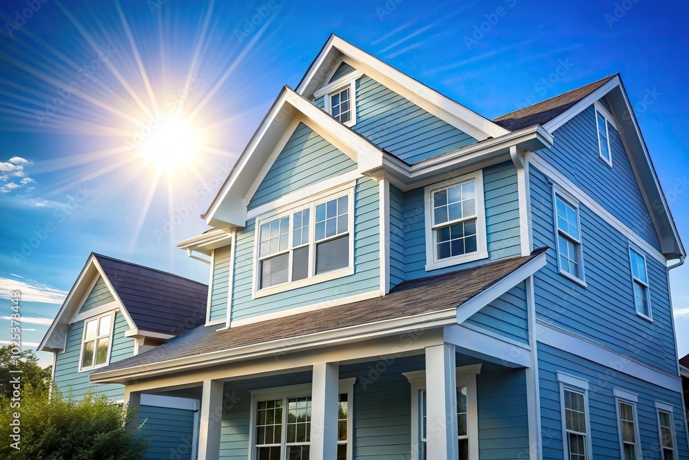Charming pale blue house with siding in suburban neighborhood under bright sunshine Charming pale blue house with siding in suburban neighborhood under bright sunshine