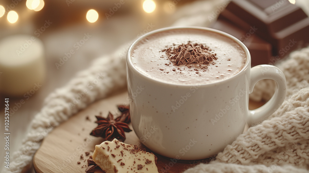 Warm and inviting, this cozy cup of hot chocolate is topped with chocolate shavings, surrounded by sweet treats and spices, perfect for comforting moment. Warm and inviting, this cozy cup of hot chocolate is topped with chocolate shavings, surrounded by sweet treats and spices, perfect for comforting moment.