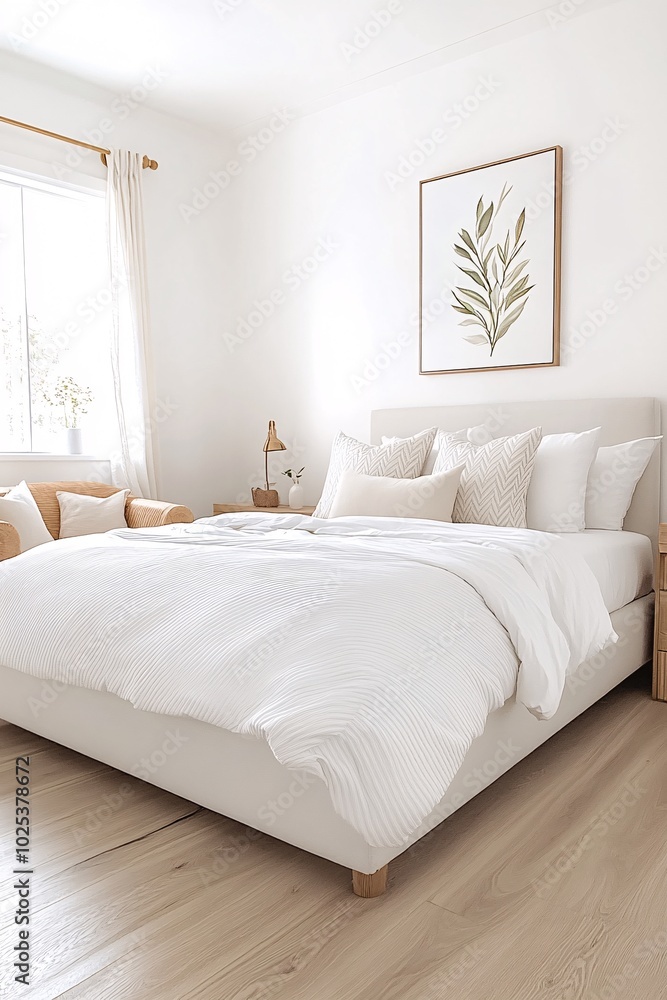 Fototapeta premium an Organic Modern Bedroom with a Sleek and contemporary vibe, wide shot to capture the entire bedroom with bed