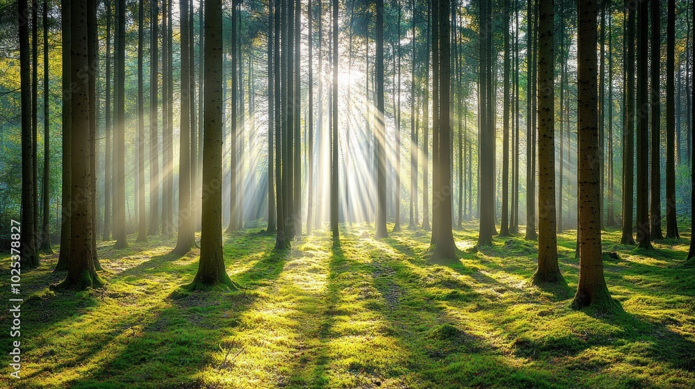 Obraz premium Sunlight beams through the trees in a misty forest.