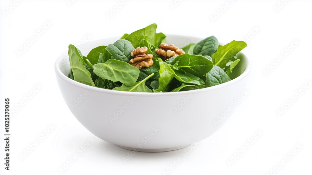 Fresh spinach salad with walnuts in white bowl, showcasing vibrant green leaves and healthy, nutritious appeal. Fresh spinach salad with walnuts in white bowl, showcasing vibrant green leaves and healthy, nutritious appeal.