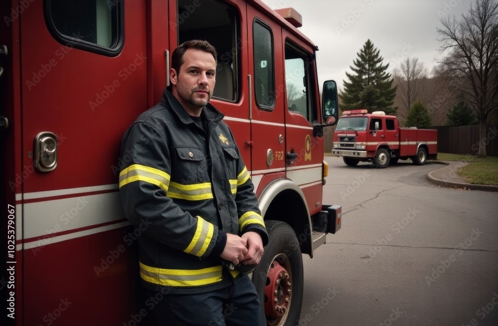 Firefighter stands next to fire truck in a quiet neighborhood during cloudy day Firefighter stands next to fire truck in a quiet neighborhood during cloudy day