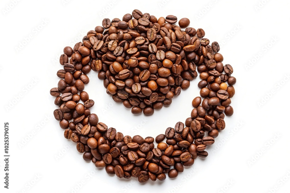 Cheerful smiley made from coffee beans on white background Cheerful smiley made from coffee beans on white background