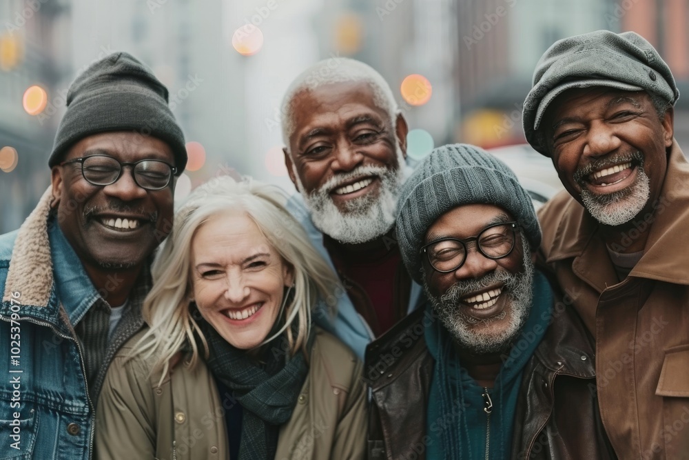 Diverse group of friends having fun in the city, smiling and laughing Diverse group of friends having fun in the city, smiling and laughing