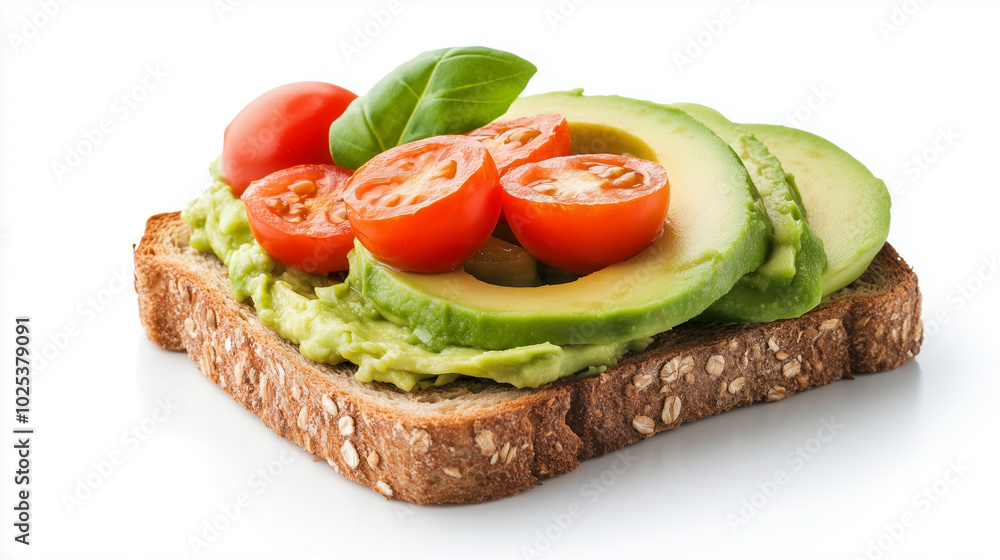 Creamy avocado toast topped with fresh cherry tomatoes and basil leaves, served on whole grain bread. healthy and vibrant meal option that looks delicious and inviting. Creamy avocado toast topped with fresh cherry tomatoes and basil leaves, served on whole grain bread. healthy and vibrant meal option that looks delicious and inviting.