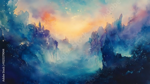 Abstract Watercolor Painting of a Mystical Mountain Range