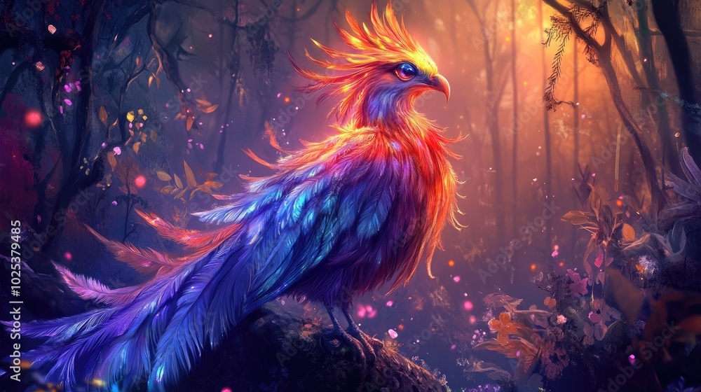 A magical bird with iridescent, flowing feathers and an elegant pose, resting in a luminous, mystical forest A magical bird with iridescent, flowing feathers and an elegant pose, resting in a luminous, mystical forest