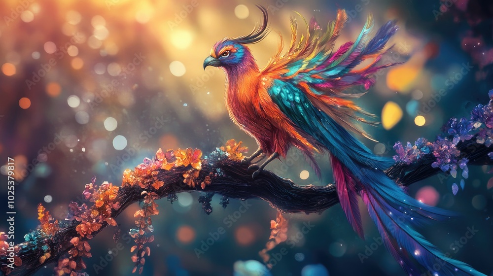 A stunning, exotic bird from a fantasy world, with multicolored feathers and a flowing tail, perched gracefully on a magical branch A stunning, exotic bird from a fantasy world, with multicolored feathers and a flowing tail, perched gracefully on a magical branch