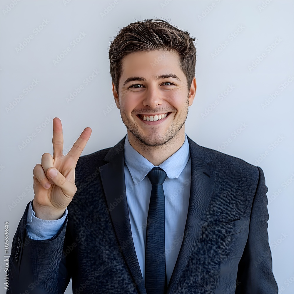 businessman showing a peace sign with a grin businessman showing a peace sign with a grin