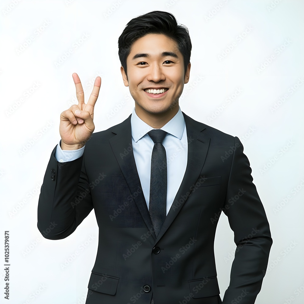 businessman showing a peace sign with a grin businessman showing a peace sign with a grin