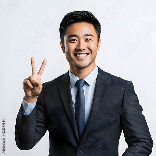 businessman showing a peace sign with a grin