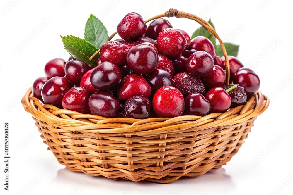 Cherry berries in wicker basket isolated on white background cutout Cherry berries in wicker basket isolated on white background cutout