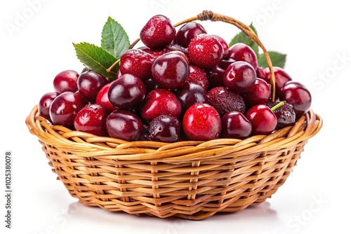 Cherry berries in wicker basket isolated on white background cutout