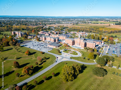 Aerial drone view of Veterans Affairs hospital and facility. 