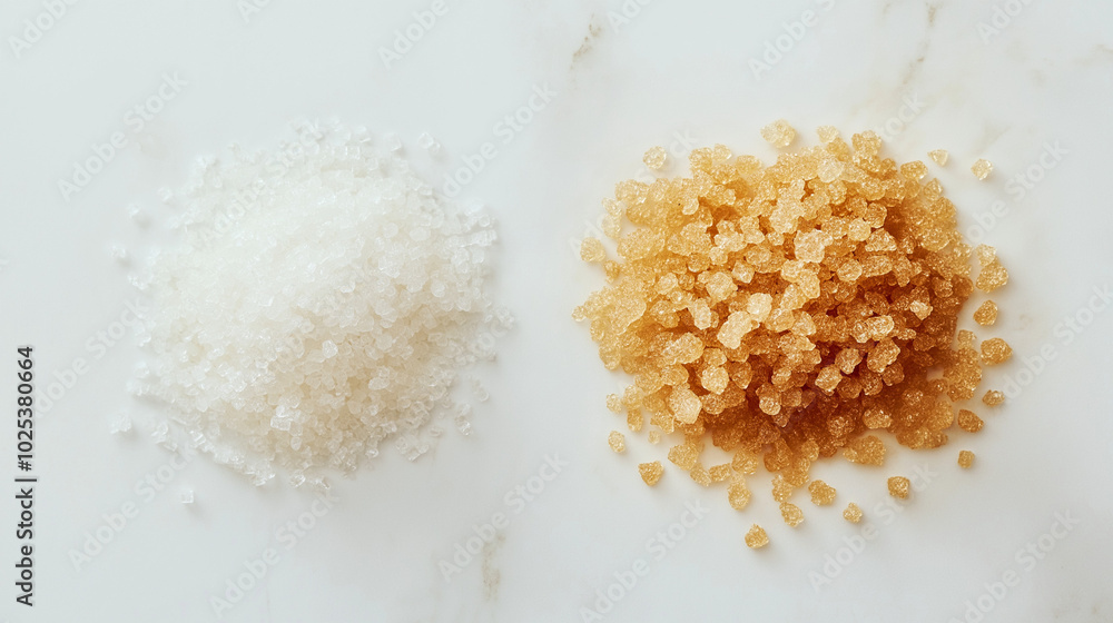 sugar or brown sugar: a close-up, top-down view of granulated sugar and brown sugar in small piles, placed side by side with a slight gap on a light neutral background