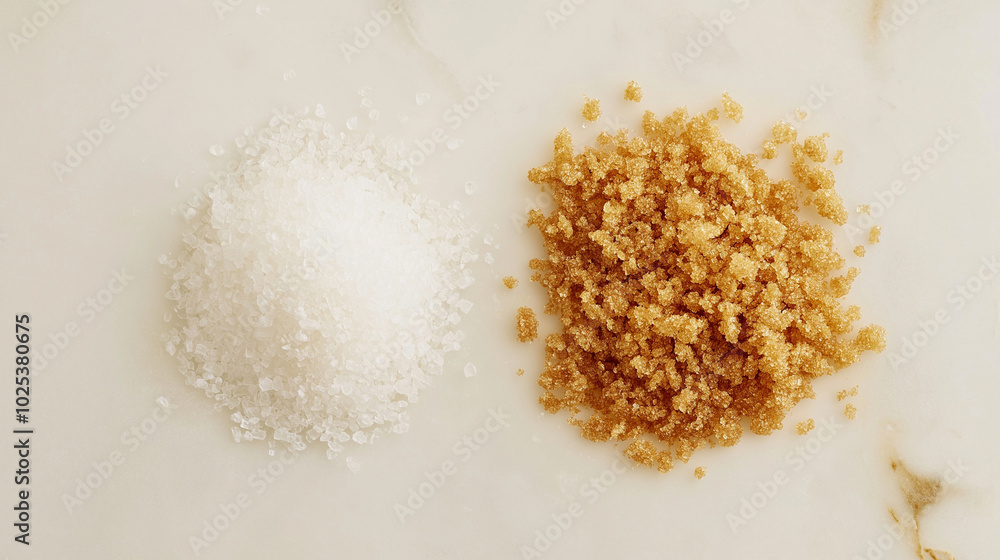 sugar or brown sugar: a close-up, top-down view of granulated sugar and brown sugar in small piles, placed side by side with a slight gap on a light neutral background sugar or brown sugar: a close-up, top-down view of granulated sugar and brown sugar in small piles, placed side by side with a slight gap on a light neutral background