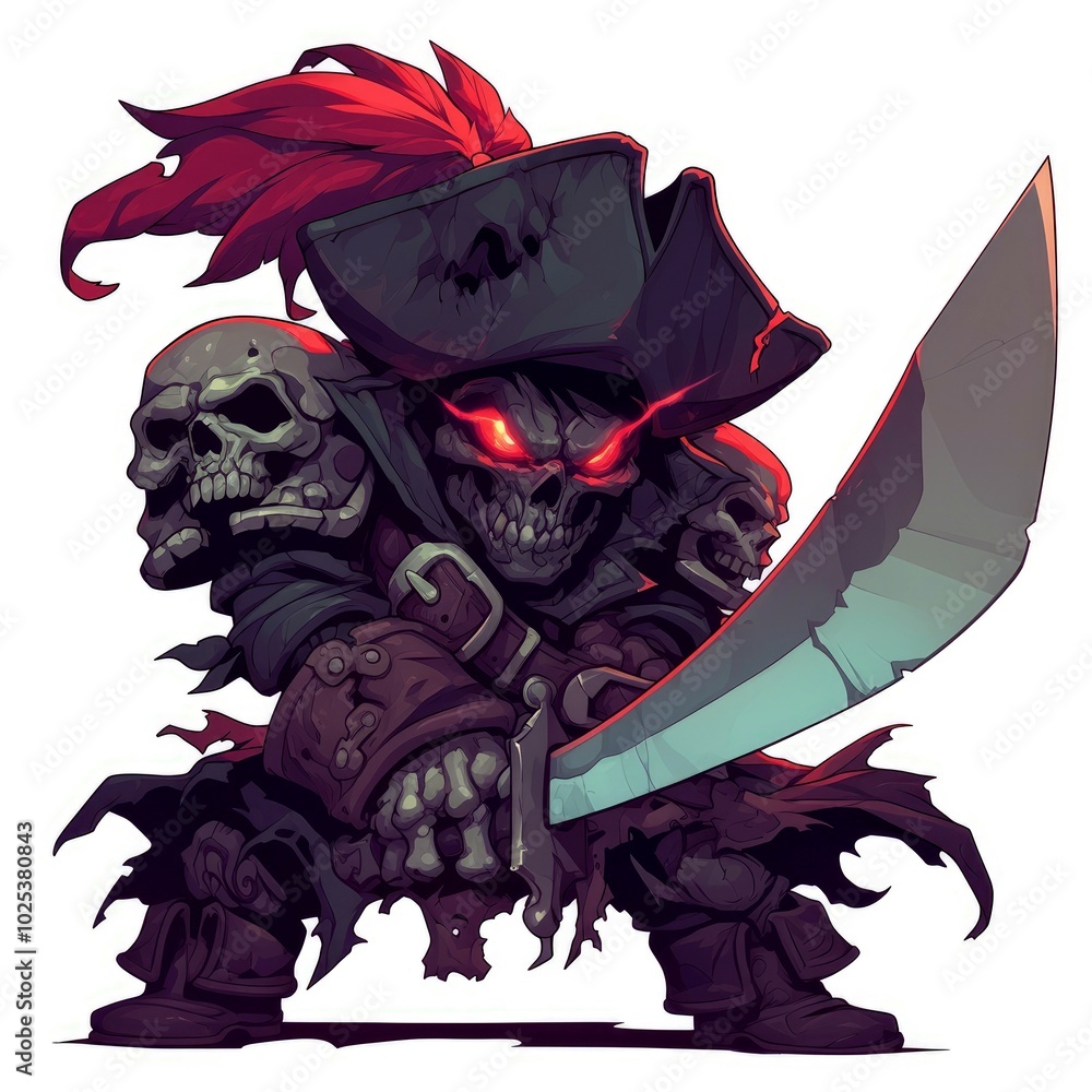 Obraz premium A menacing cartoon skeleton pirate wielding a sword, adorned with skulls and a red feathered hat.