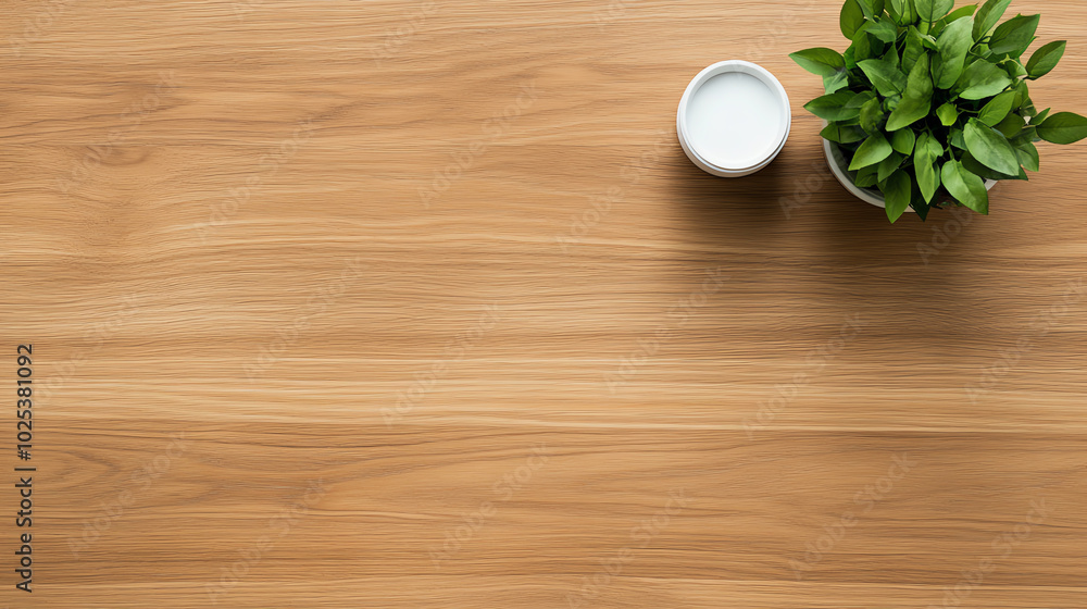 A modern workspace featuring a wooden surface with a small green plant and a white cup, creating a refreshing and calming atmosphere. A modern workspace featuring a wooden surface with a small green plant and a white cup, creating a refreshing and calming atmosphere.