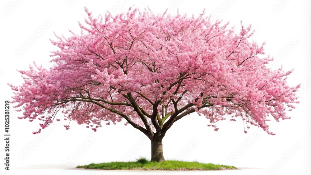 Cherry tree with pink flowers isolated on white background, aerial view Cherry tree with pink flowers isolated on white background, aerial view