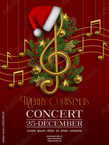 christmas concert flyer with golden musical notes, pine branches and decorations. christmas concert poster  