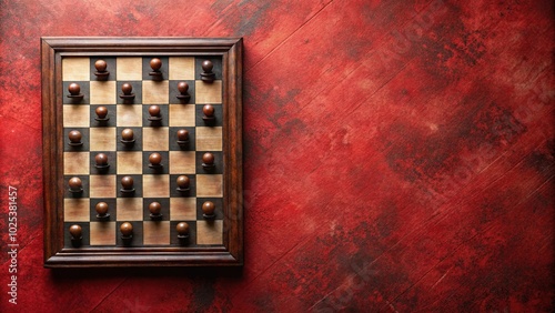 Chess pieces on board with red textured background, aerial view