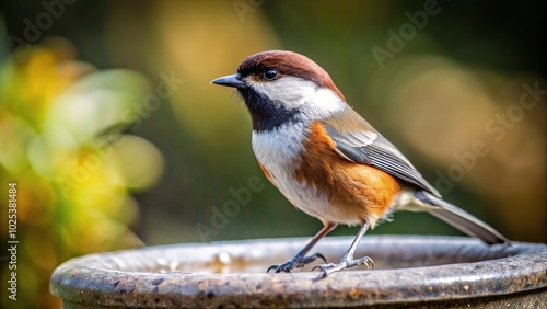 Chestnut-backed chickadee perched on granite birdbath edge photo