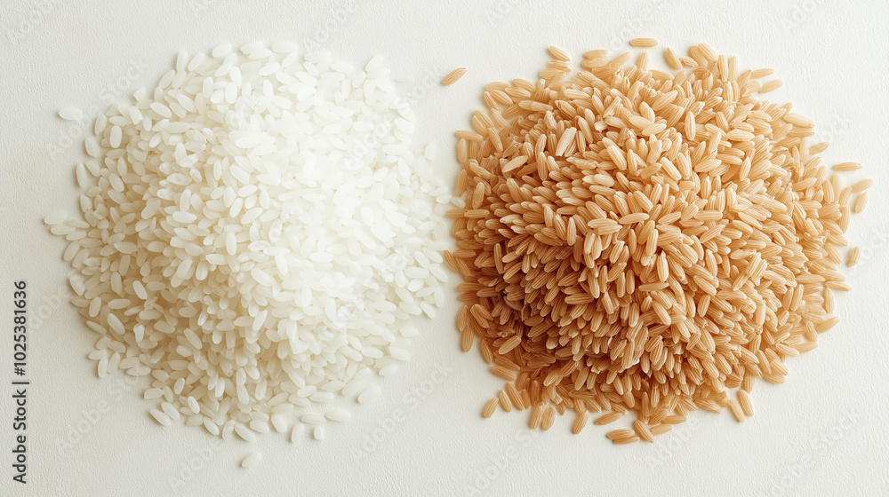 white rice or brown rice: a close-up, top-down view of white rice and brown rice in small heaps, placed side by side with a small gap on a light background white rice or brown rice: a close-up, top-down view of white rice and brown rice in small heaps, placed side by side with a small gap on a light background