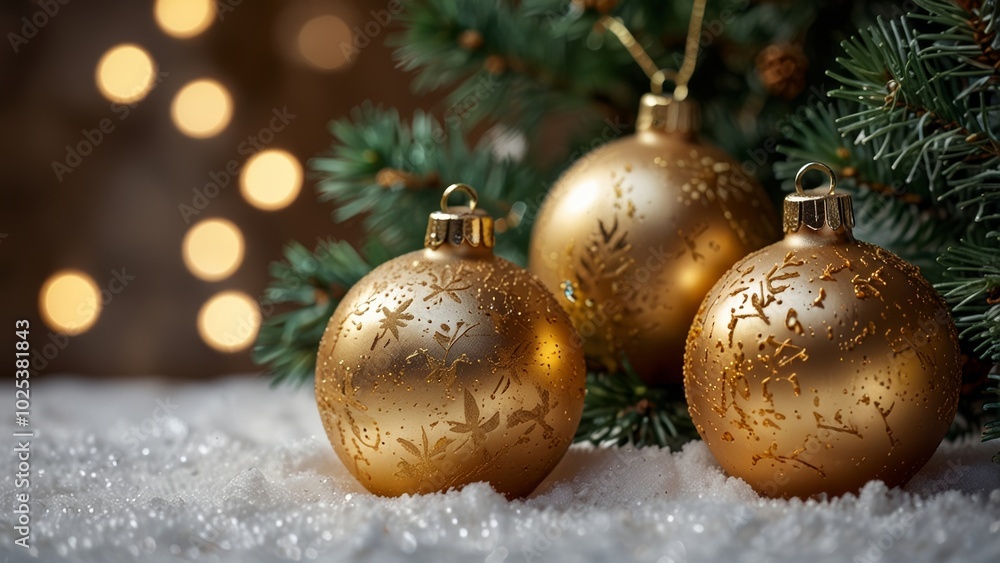 Golden christmas balls are standing on snow against a background of christmas lights Golden christmas balls are standing on snow against a background of christmas lights