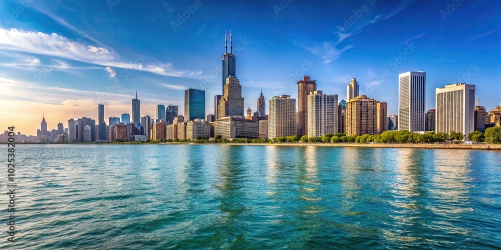 Fototapeta premium Chicago waterfront and skyline viewed from a low angle, showcasing the cityscape of Illinois USA