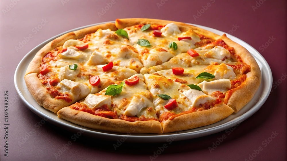 chicken and cheese pizza on plate with solid color background chicken and cheese pizza on plate with solid color background