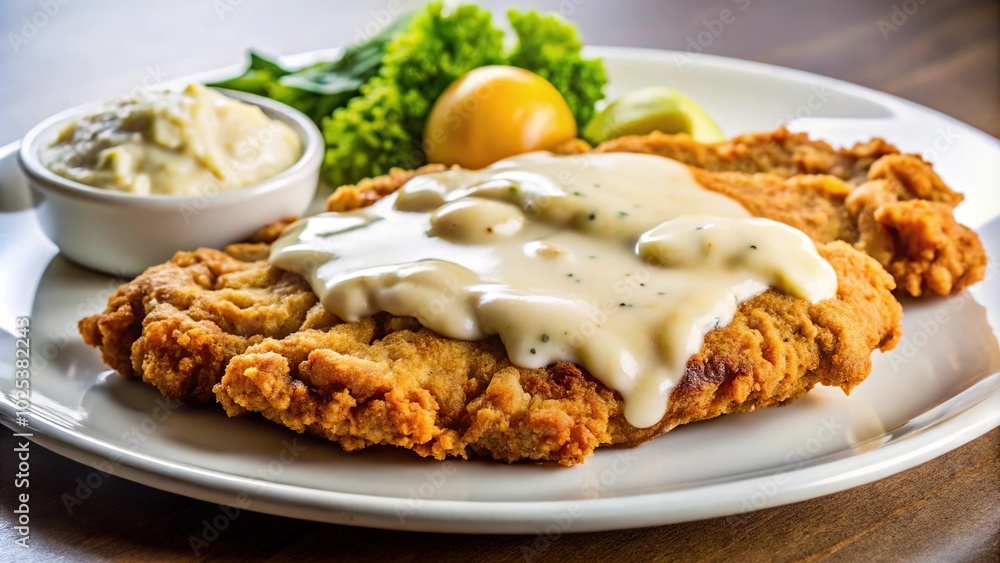 Chicken fried steak with gravy and mashed potatoes viewed from below Chicken fried steak with gravy and mashed potatoes viewed from below