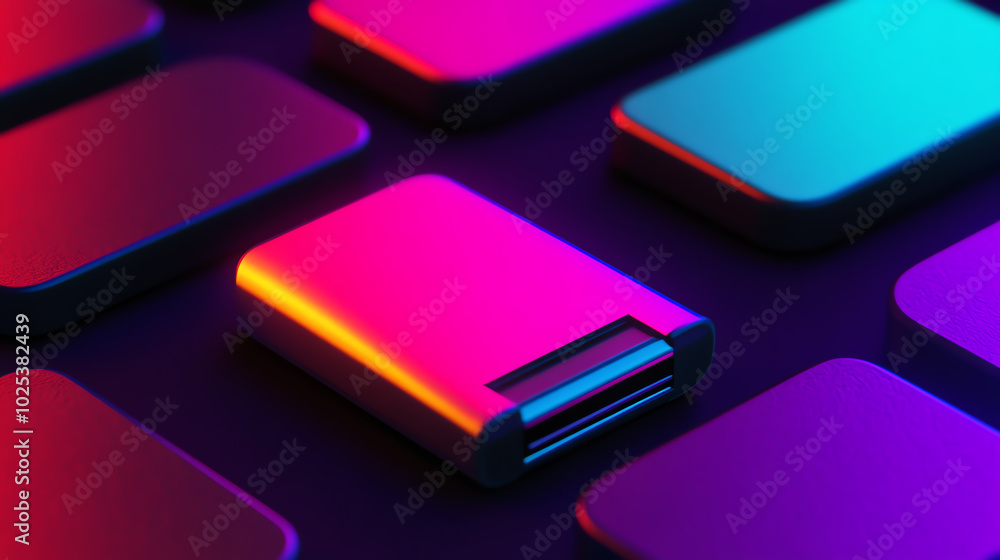 Close-up view of modern USB drives with vibrant multicolored lighting, showcasing a digital storage concept on a dark background. Close-up view of modern USB drives with vibrant multicolored lighting, showcasing a digital storage concept on a dark background.