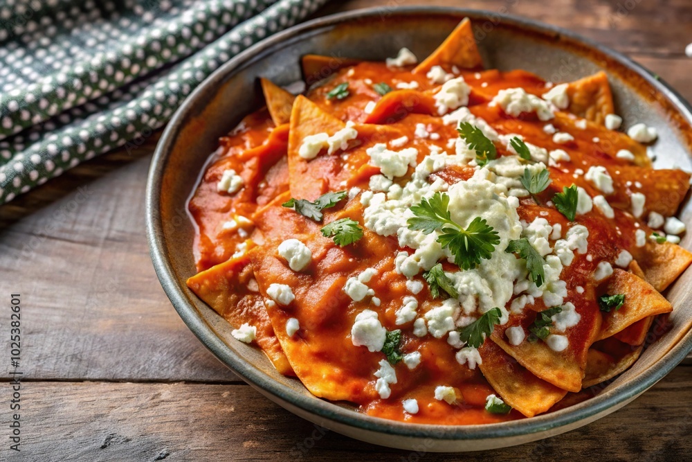 Chilaquiles drenched in red sauce and sprinkled with queso fresco Chilaquiles drenched in red sauce and sprinkled with queso fresco