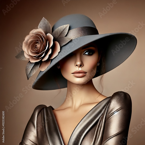 Wallpaper Mural Portrait of a fashion model wearing a stylish hat with large floral details in taupe and metal grey. High fashion poster Torontodigital.ca