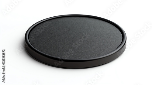 Minimalist black circular coaster on white isolated background, perfect for showcasing branding and product presentations.