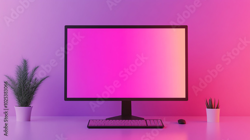 Modern computer setup featuring a sleek monitor on a clean desk with decorative plants in stylish pots, set against a gradient backdrop.